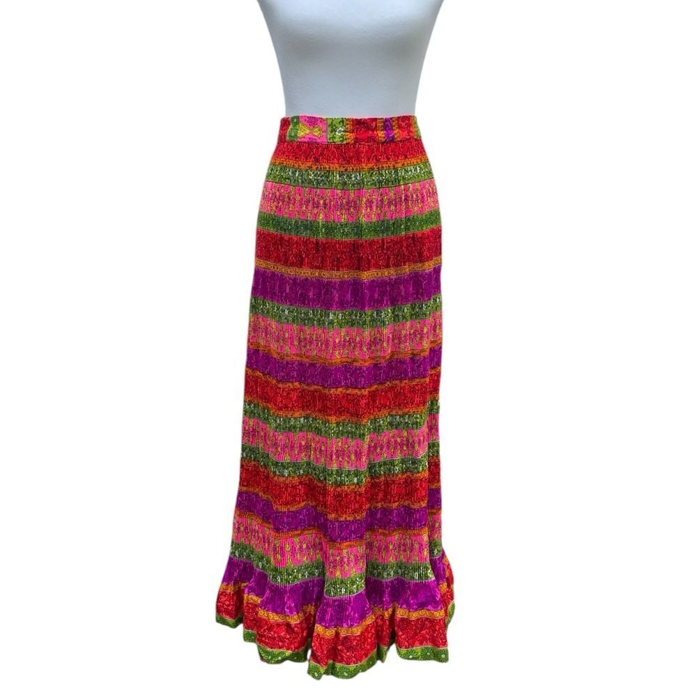 Vintage 1970s Psychedelic Pleated Floral Maxi Skirt. 28" waist. pink red ruffle